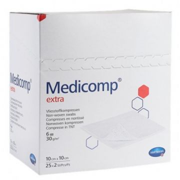 Comprese extra absorbante din material netesut, 7.5x7.5 cm, 25 bucati, Medicomp