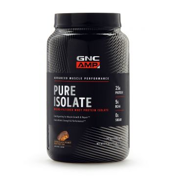 Proteina din zer cu aroma de ciocolata si unt de arahide AMP Pure Isolate, 896g, GNC