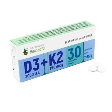 Vitamina D3 2000 UI + K2 75 mcg, 30 comprimate, Laboratoarele Remedia