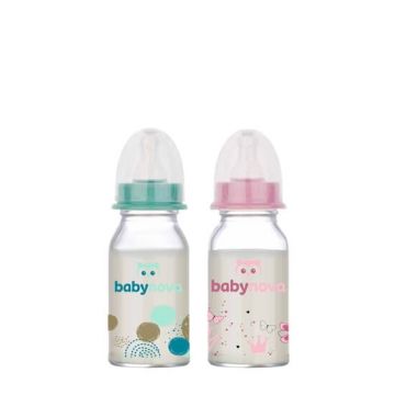 Biberon din sticla decorat, 0-24 luni, 120 ml, BabyNova