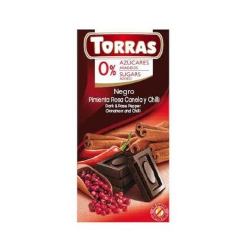 Ciocolata neagra cu piper rosu, scortisoara si chili fara zahar si gluten 75g TORRAS