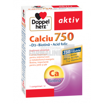 Doppelherz Aktiv Calciu 750 + D3 + Biotina + Acid folic 30 comprimate