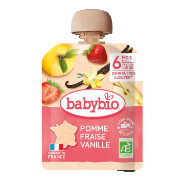Desert bio din mere, capsuni si vanilie +6 luni, 90g, BabyBio