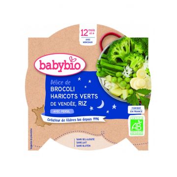 Meniu brocoli, fasole verde si orez Bio, 230g, BabyBio