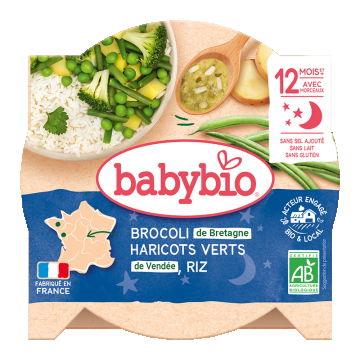 Meniu brocoli, fasole verde si orez Bio, 230g, BabyBio