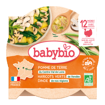 Meniu morcovi, fasole verde si felii de curcan Bio, 230g, BabyBio