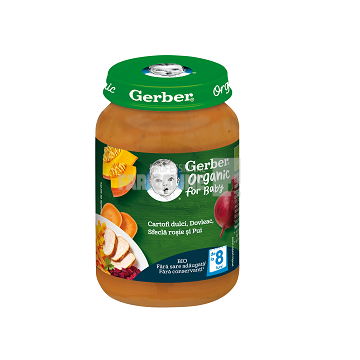 Gerber Piure Bio din cartof dulce, dovleac, sfecla rosie si pui 8 luni+ 190g