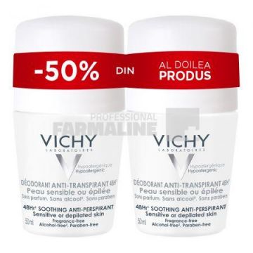 Vichy Pachet Deodorant Roll-on Antiperspirant 48h fara parfum 50 ml 1 + 1 50% din al II lea