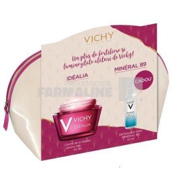 Vichy Pachet Idealia Crema energizantă cu efect de netezire și iluminare ten sensibil 50 ml + Mineral 89 Gel-Booster zilnic cu efect de fortifiere si reumplere 10 ml Cadou