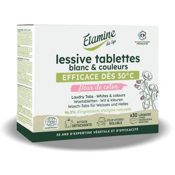 Tablete bio pentru rufe albe si colorate cu parfum de flori de bumbac, 30 bucati, Etamine