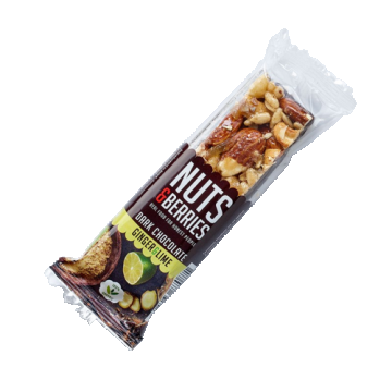 Baton crocant ECO cu nuci ciocolata neagra ghimbir si lamaie, 40g, Nuts & Berries