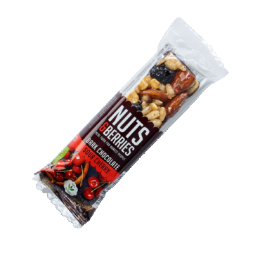 Baton crocant ECO cu nuci, ciocolata neagra si cirese amare, 40g, Nuts & Berries