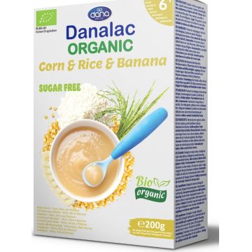 Mancare pentru bebelusi bio Cereale Orez Porumb Banana 4m+ fara zahar, 200g, Danalac