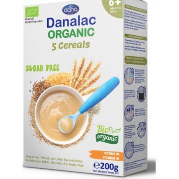 Mancare pentru bebelusi bio Organic 5 Cereale 6m+ fara zahar, 200g, Danalac