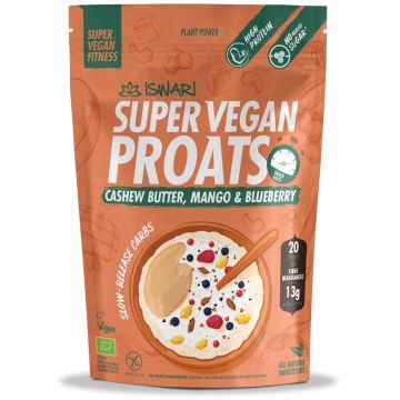 Proats Super Vegan bio cu unt de caju, mango si afine, 1200g, Iswari