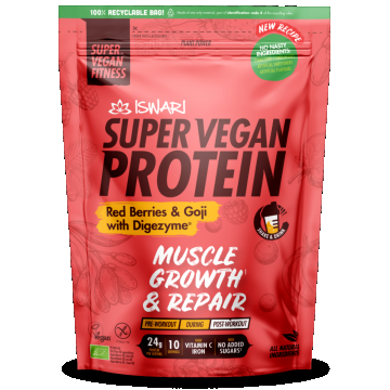 Proteina bio fructe rosii si goji cu digezyme Super Vegan, 400g, Iswari