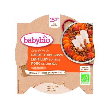 Meniu cu morcovi, linte si carne de porc, 260g, BabyBio