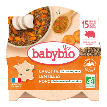 Meniu cu morcovi, linte si carne de porc, 260g, BabyBio