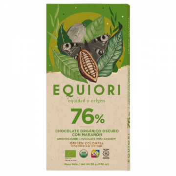 Eco Dark Chocolate 76% cacao cu caju, 80g, Equiori