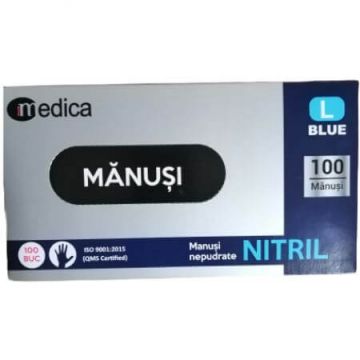 Manusi Nitril nepudrat albastre, L, 100 bucati, Medica