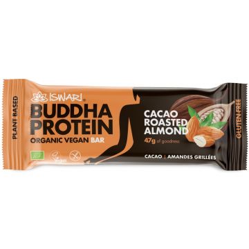 Baton proteic bio cu migdale prajite si cacao Buddha, 47g, Iswari