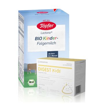 Pachet Lapte praf Bio Kinder Organic de la 12 luni, 500ml, Topfer + Digest Kids suspensie orala, 7 flacoane, Ab-Biotics