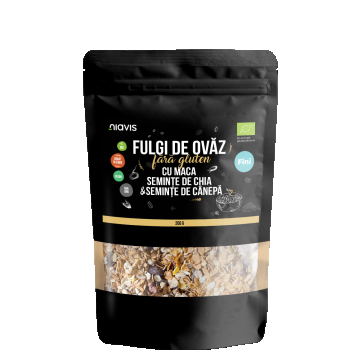 Fulgi de ovaz fini fara gluten cu maca, chia si seminte de canepa Eco, 200g, Niavis