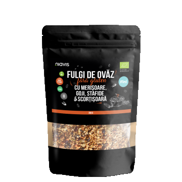 Fulgi de ovaz fini fara gluten cu merisoare, goji, stafide si scortisoara Eco, 200g, Niavis