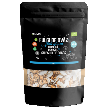 Fulgi de ovaz fini fara gluten cu pudra si chipsuri de cocos Eco, 200g, Niavis