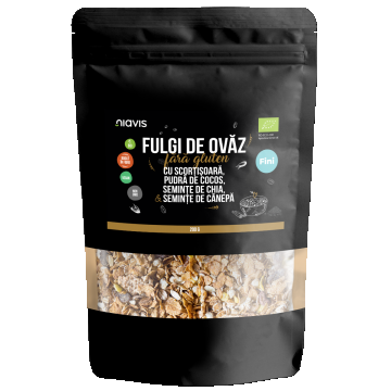 Fulgi de ovaz fini fara gluten cu scortisoara, cocos, chia si seminte de canepa Eco, 200g, Niavis