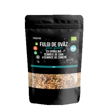 Fulgi de ovaz fini fara gluten cu spirulina, chia si seminte de canepa Eco, 200g, Niavis