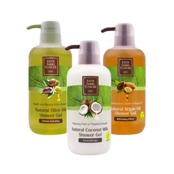 Set Cadou Eyup Sabri Tuncer Gel de dus Cocos 600 ml + Gel de dus Olive Oil 600 ml + Gel de dus Argan 600 ml