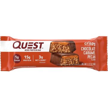 Baton proteic cu aroma de ciocolata nuci pecan si caramel Hero Crispy, 60g, Quest