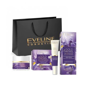 Set cadou Eveline Cosmetics Crema antirid regeneratoare nutritiva Gold And Retinol 40 +, 50 ml + Cremă ser antirid pentru zona ochilor Gold And Retinol, 20 ml