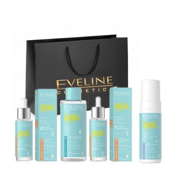 Set cadou Eveline Cosmetics Perfect Skin.acne Tratament de noapte pentru corectarea imperfecțiunilor 2 x 30 ml, Tonic seboreglator 200 ml, Spuma de curățare facială micro-peeling, 150 ml