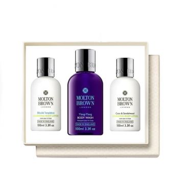 Set Cadou Molton Brown Gel de dus Ylang Ylang 100 ml + Lotiune de corp Coco & Sandalwood 100 ml + Lotiune de corp Blissful Templetree 100 ml