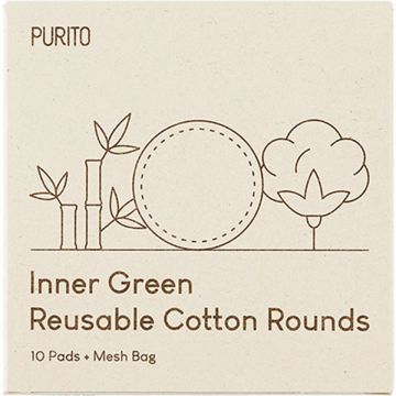 Dischete demachiante textile reutilizabire si saculet de depozitare Inner Green, 10 bucati, Purito (Concentratie: Dischete demachiante)