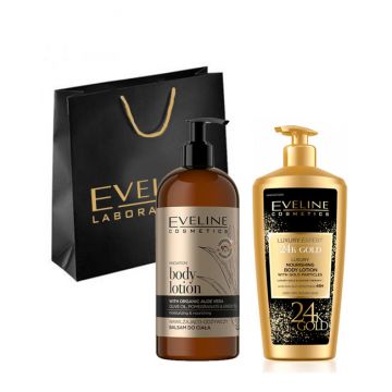 Set Eveline Cosmetics Lotiune de corp Luxury Expert 24K Gold, Balsam de corp Organic Gold (Concentratie: Set, Gramaj: 350 ml + 500 ml)