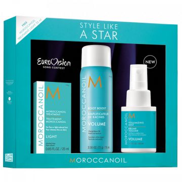 Set Moroccanoil Volume Style Like A Star pentru par fin si mediu (Continut set: 50 ml + 75 ml + 25 ml)