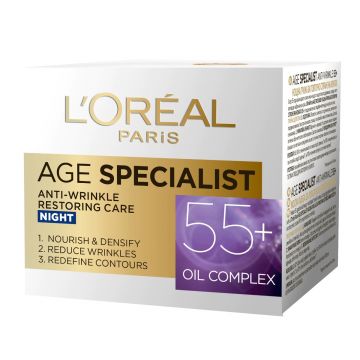 Crema antirid pentru fata de noapte Age Specialist 55+, 50ml, L'Oreal Paris