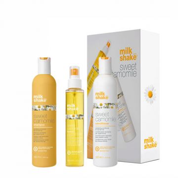 Kit pentru ingrijirea parului blond Milk Shake Sweet Camomile Sampon 300 ml + Balsam 300 ml + Tratament 150 ml (Concentratie: Sampon, Gramaj: 300 ml + 300 ml + 150 ml)