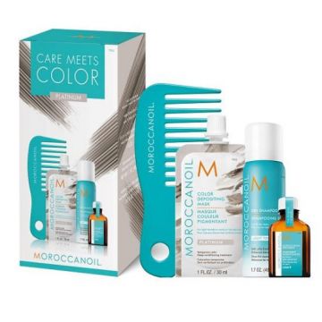 Moroccanoil Care Meets Color Platinum: Masca de par nuantatoare Platinum, 30ml + Ulei de par tratament Light, 15ml + Sampon uscat Light 62ml + Pieptene cu dinti rari pentru aplicarea mastii (Concentratie: Set pentru ingrijirea parului, Gramaj: 30 ml)