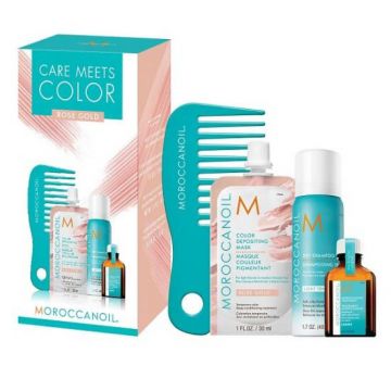 Moroccanoil Care Meets Color Rose Gold: Masca de par nuantatoare, 30ml + Ulei de par tratament Light, 15ml + Sampon uscat Light, 62ml + Pieptene cu dinti rari pentru aplicarea mastii (Concentratie: Set pentru ingrijirea parului, Gramaj: 30 ml)