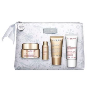 Set cadou Clarins Nutri-Lumiere, Femei, Crema zi 50 ml + Crema noapte 15 ml + Lotiune demachianta 10 ml + Crema maini 30 ml (Concentratie: Set)