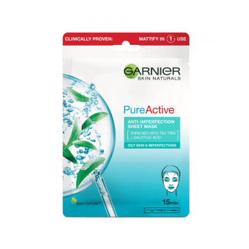 Masca servetel anti-imperfectiuni si hidratare Skin Naturals Pure Active, 23g, Garnier