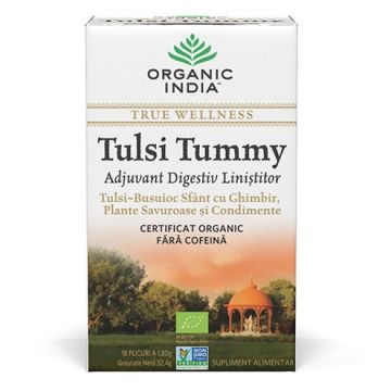 Ceai Digestiv Tulsi (Busuioc Sfant) Tummy cu Ghimbir, Plante Savuroase si Condimente, plicuri Organic India
