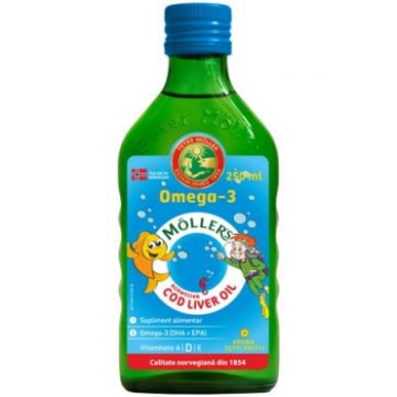 Omega 3 ulei ficat de cod cu aroma de tutti-frutti pentru copii 250 ml Mollers