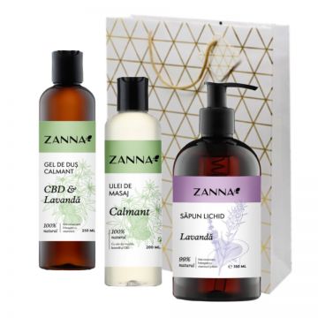 Set Gel de dus Calmant cu CBD & Lavanda, Ulei de masaj Calmant cu CBD si Lavanda, Sapun lichid cu Lavanda Zanna
