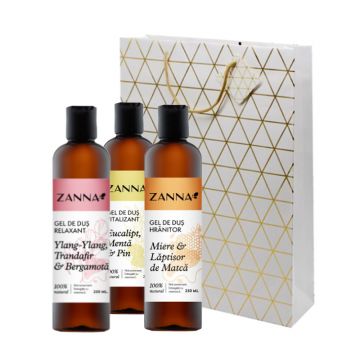 Set Gel de dus Relaxant cu Ylang-Ylang si Bergamota, Gel de dus Vitalizant cu Eucalipt si Pin, Gel de dus Hranitor cu Miere si Laptisor de Matca, 250ml Zanna