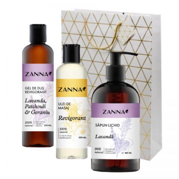 Set Gel de dus Revigorant cu Lavanda si Geraniu, Ulei de masaj Revigorant cu Lavanda si Geraniu, Sapun lichid cu Lavanda, Zanna